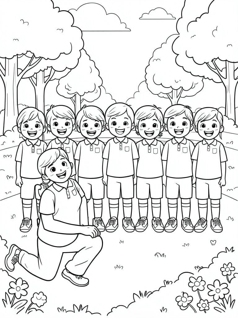 A black and white line drawing of children in matching sports uniforms standing outdoors with an adult kneeling in front, set against trees and flowers.