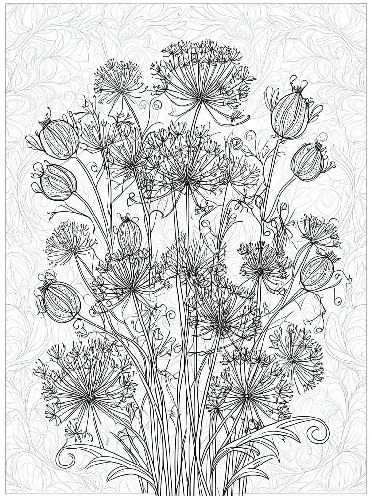 A black and white line drawing of tall plants with umbel flowers and striped seed pods against a swirling patterned background.