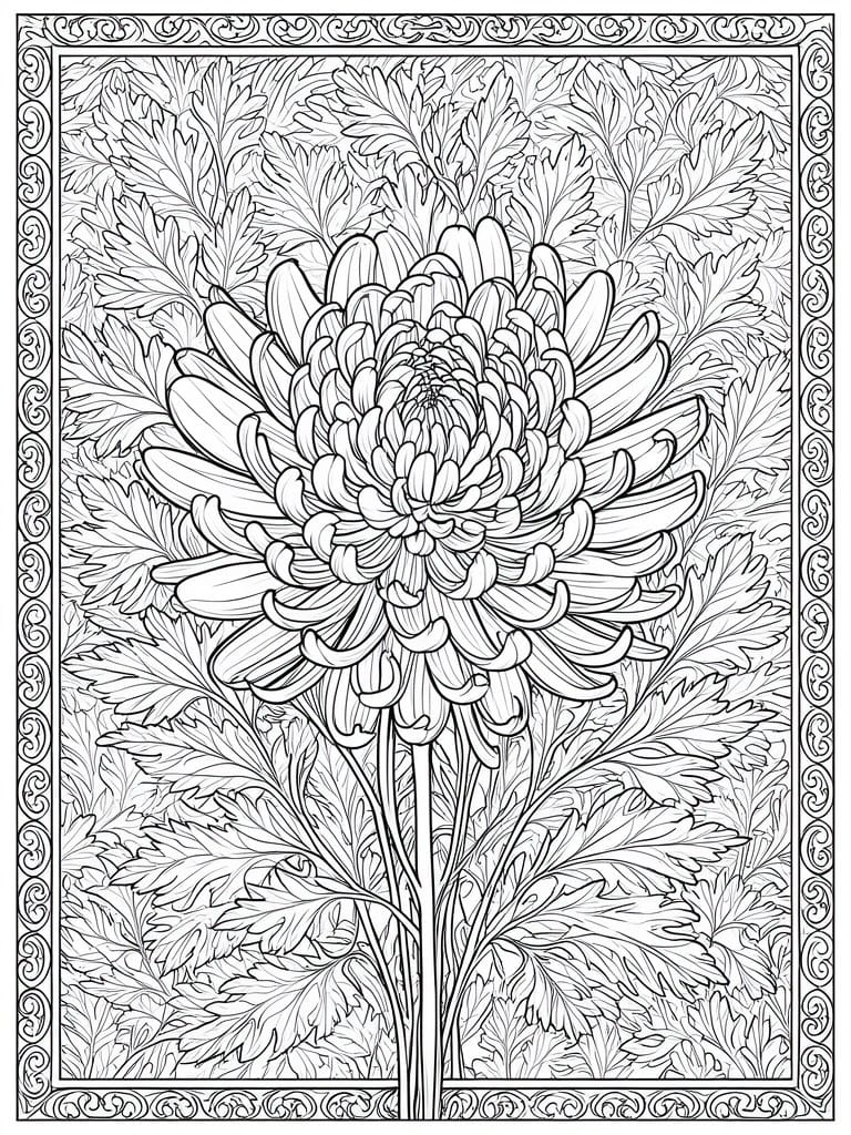 A black and white line drawing of a large chrysanthemum flower with surrounding leaves inside a decorative border.