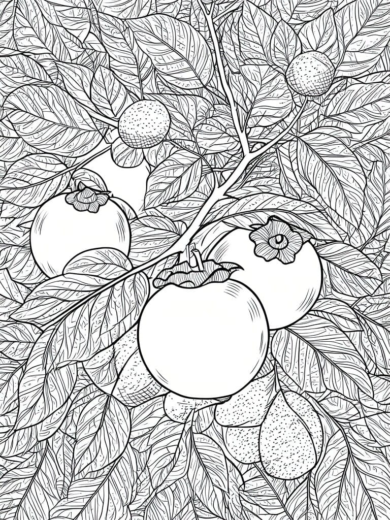 Intricate black-and-white line drawing of fruits amid dense leafy branches.