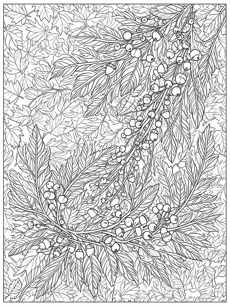 Black and white line drawing of overlapping branches with berries, acorns, and assorted leaves.