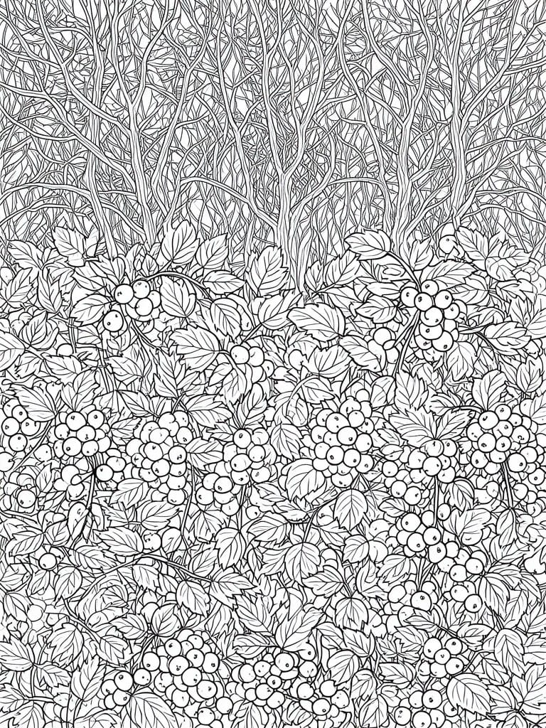 A black and white line drawing of dense berry bushes with leaves and clusters of berries on branches.