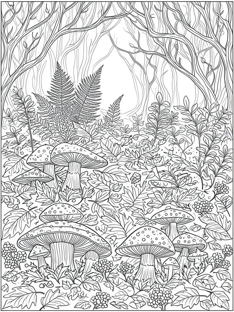 Detailed line art of spotted mushrooms amid ferns, leaves, and forest branches