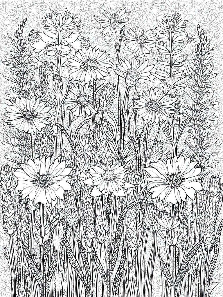 Dense black and white line drawing of various wildflowers, daisies, and grasses for coloring