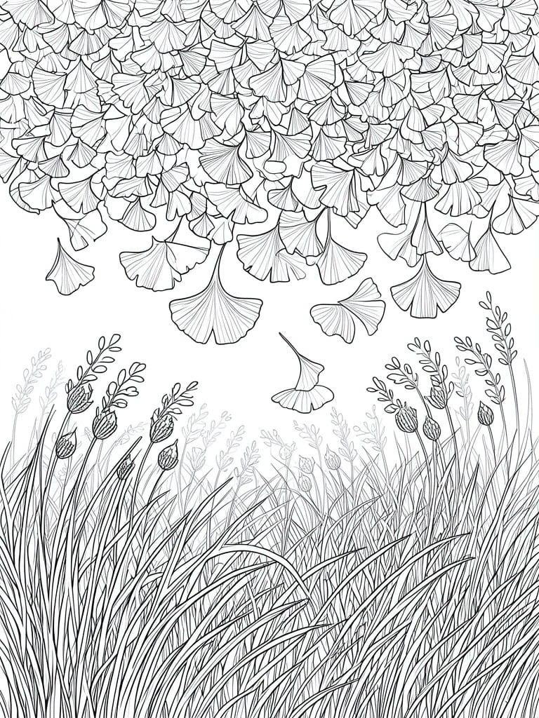 Line drawing of falling ginkgo leaves above tall grass and wild plants.