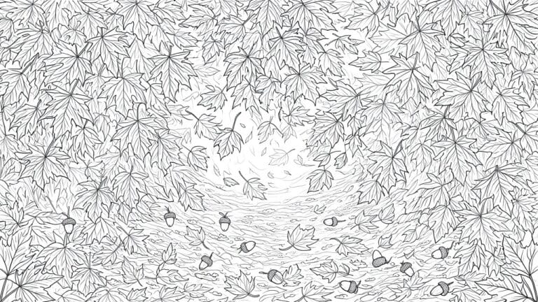 Black and white line art of maple leaves and acorns on branches