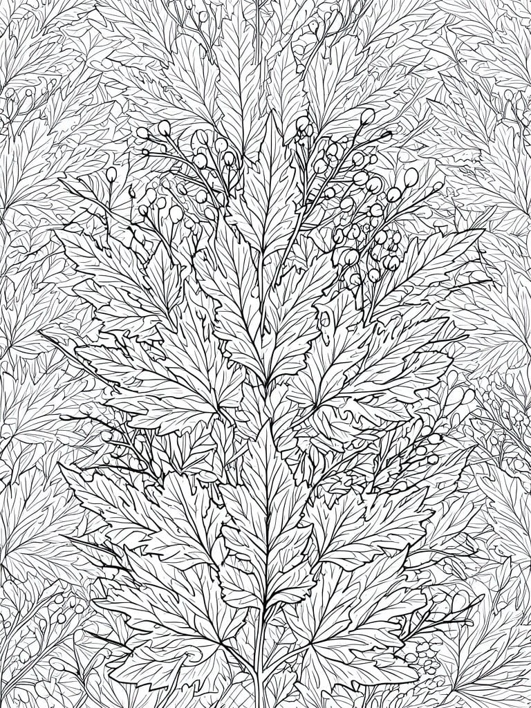 A black and white line drawing of overlapping lobed leaves and berry clusters on thin stems.