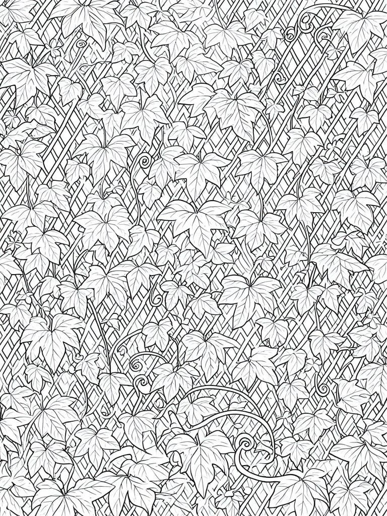 Dense black and white line art of ivy leaves on a lattice trellis.
