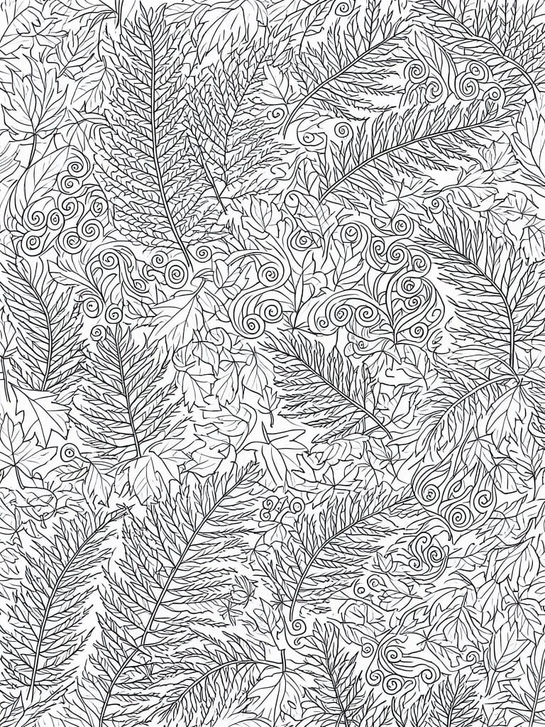 A black and white coloring page covered in overlapping leaves, ferns, and small spiral details.