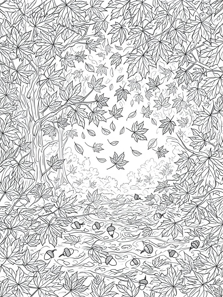 Black and white line art of maple leaves and acorns on branches
