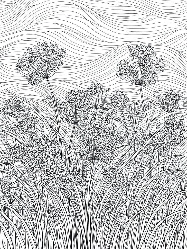 A black and white line drawing of a meadow filled with tall plants bearing umbrella shaped flower clusters and wavy lines in the background.