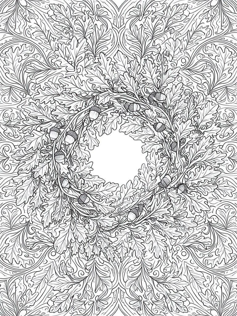 Intricate black and white line drawing of an oak leaf and acorn wreath with swirling foliage.