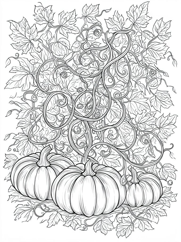Intricate line art of pumpkins amid swirling vines and leafy foliage
