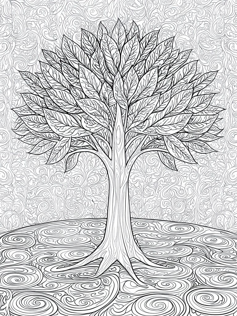 A black and white line drawing of a large tree with many leaves, thick trunk, visible roots, and swirling patterns filling the background and ground.