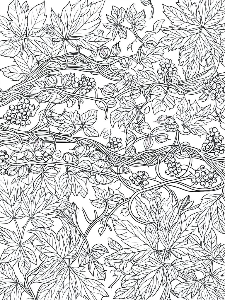 A black and white line drawing of dense intertwining vines, leaves, and clusters of small berries filling the page.