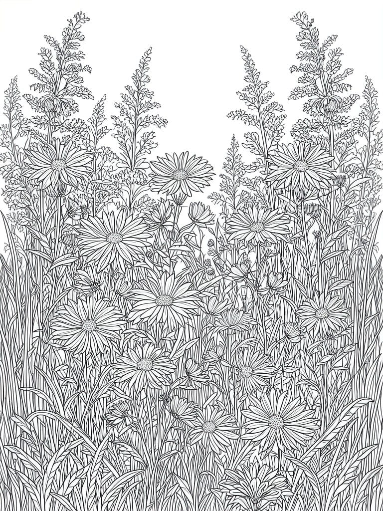 Detailed line art of daisies amid tall grasses and wild foliage