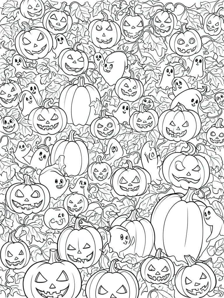 Black-and-white coloring page packed with jack-o'-lanterns, ghosts, and leaves.