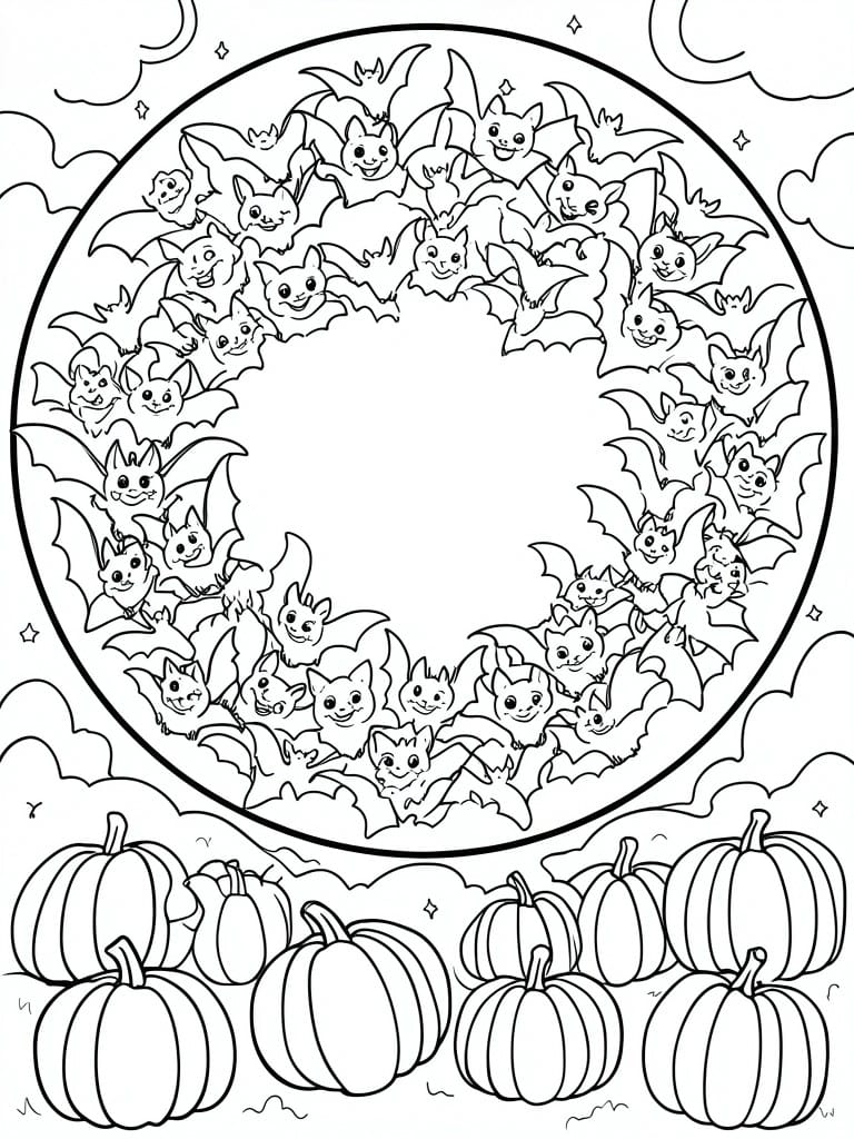 Coloring page with smiling bats in a circle above row of pumpkins.