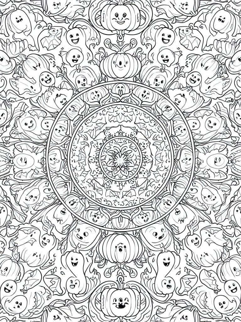 A black and white mandala coloring page with concentric circles of cartoon ghosts, pumpkins, and bats around a central flower design.