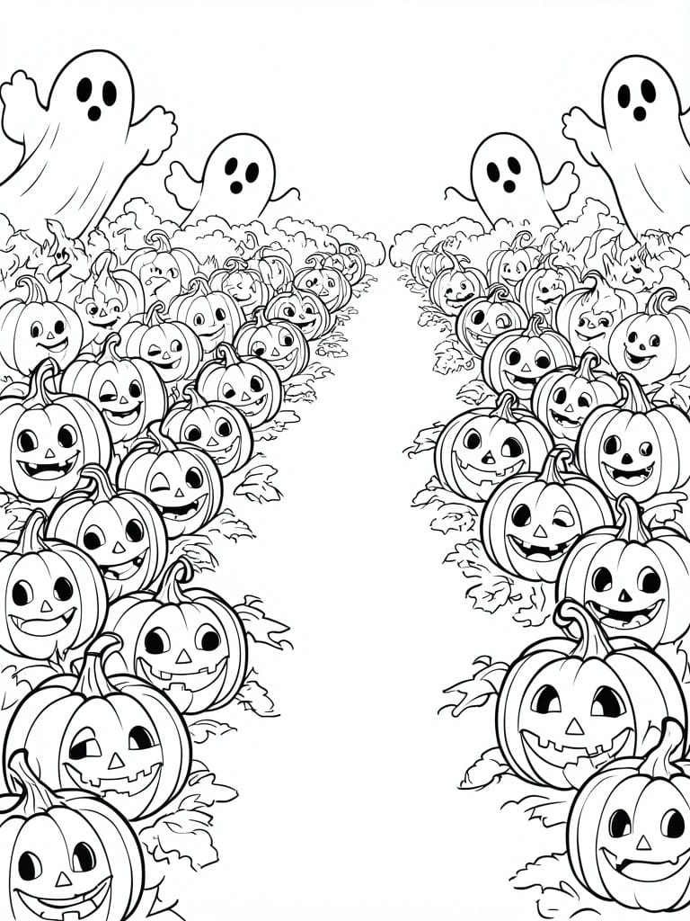 Black and white line art of smiling jack-o'-lanterns and floating ghosts among leaves.