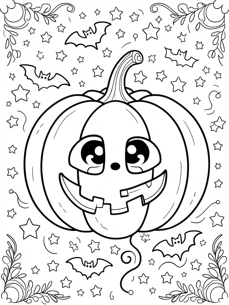 Cute cartoon jack-o'-lantern with bats and stars in coloring page style.