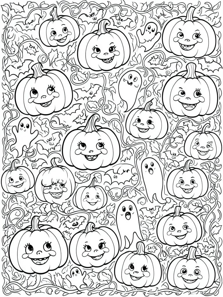 A black and white Halloween coloring page showing multiple cartoon pumpkins with faces, ghosts, bats, and connecting vines.
