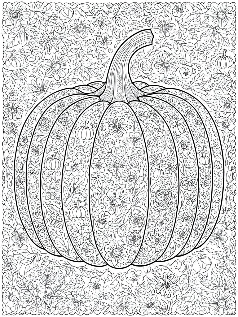 Intricate pumpkin line art with floral patterns inside, surrounded by flowers and vines.
