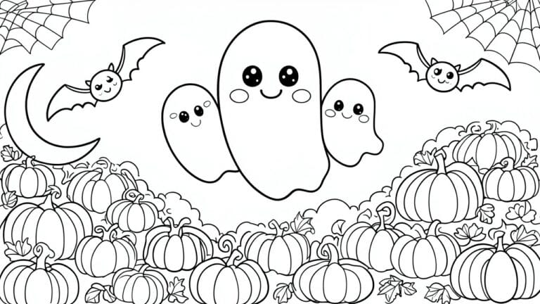A black and white coloring page shows two cute ghosts floating above a field of pumpkins with bats, a crescent moon, and small cat faces on some pumpkins.