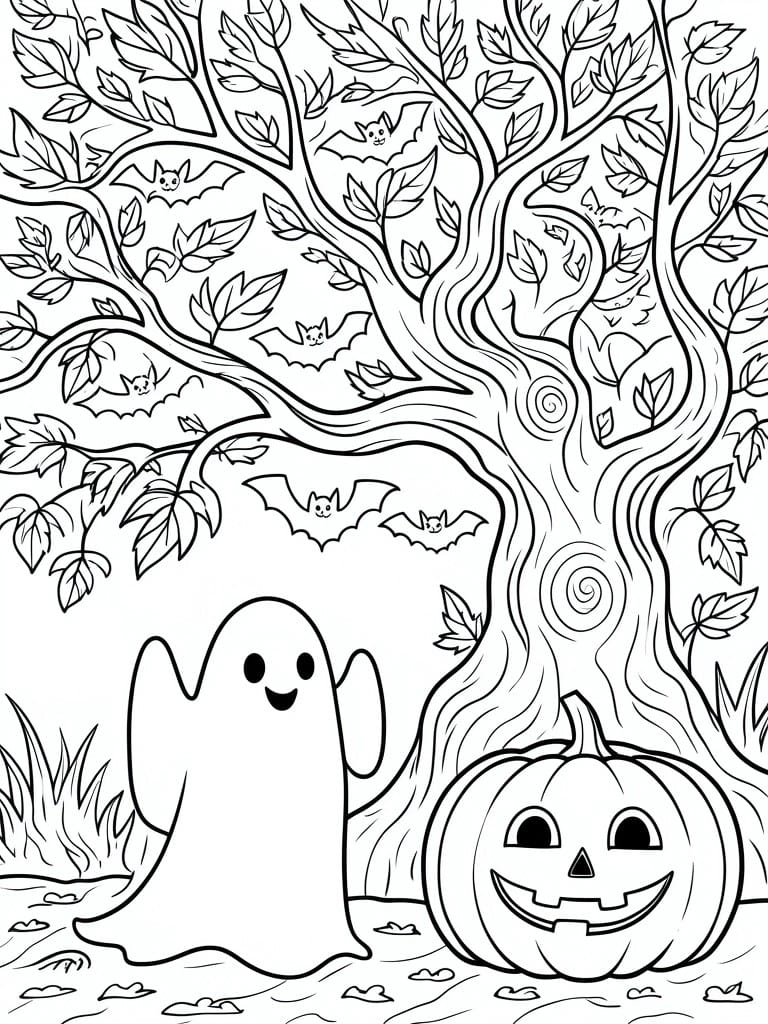 Coloring page of smiling ghost and jack-o'-lantern under tree with bats