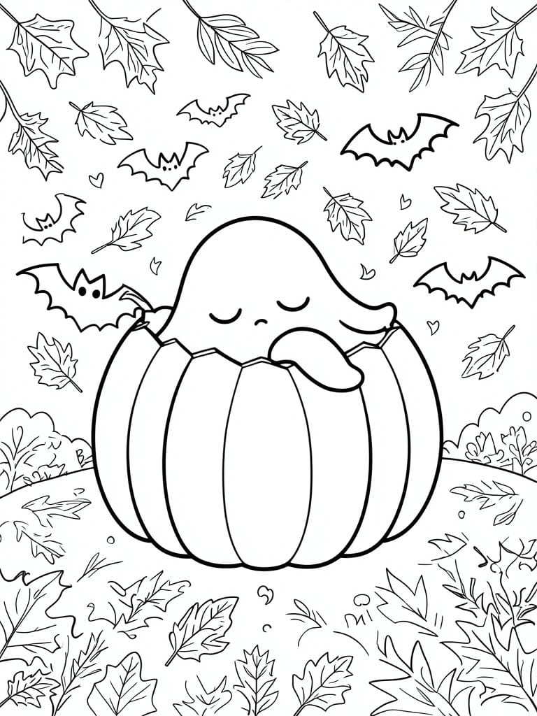 Cute ghost hugging pumpkin amid bats, falling leaves, and hearts in line art.