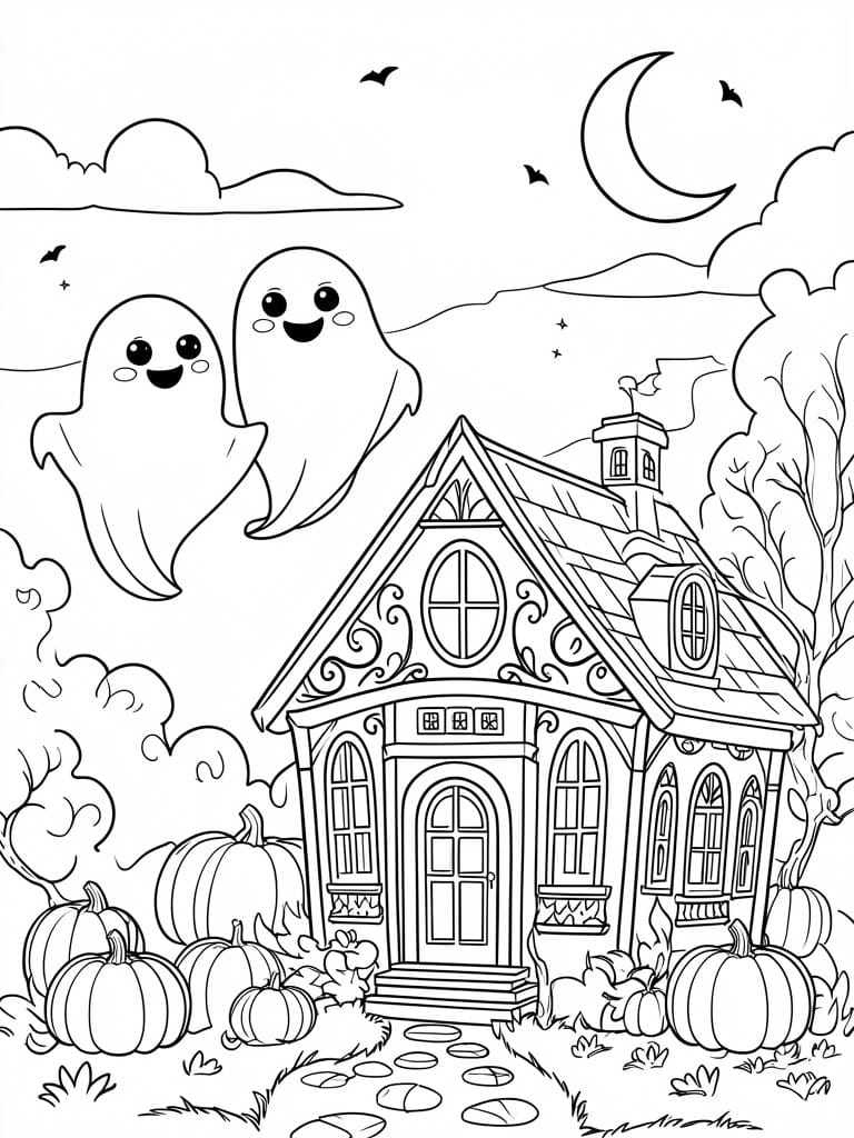 Black and white line drawing of a house with pumpkins around it, two cute ghosts, bats, clouds, and a crescent moon.