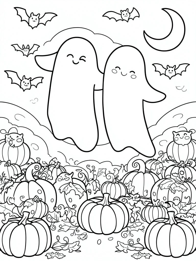 A black and white coloring page shows two cute ghosts floating above a field of pumpkins with bats, a crescent moon, and small cat faces on some pumpkins.