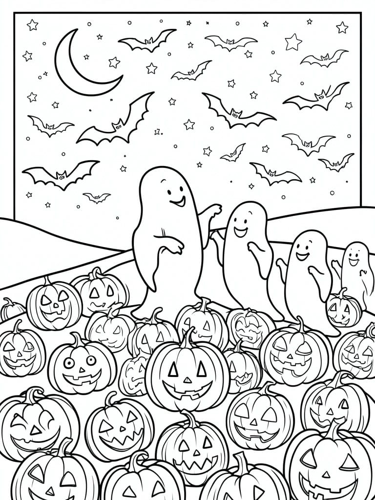 Line art of smiling ghosts among carved pumpkins, bats flying under crescent moon and stars.