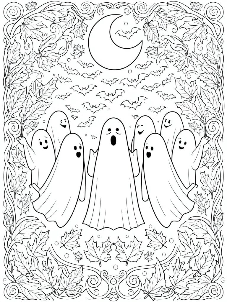 Coloring page of cartoon ghosts with bats, crescent moon, and autumn leaves.