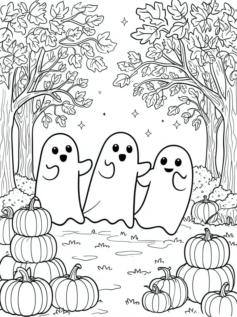 A black and white line drawing shows three cartoon ghosts standing in a clearing with trees and stacks of pumpkins around them.