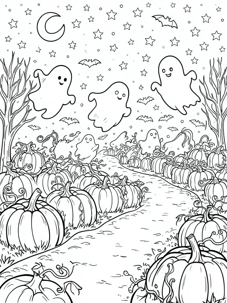 Coloring page of smiling ghosts floating over a pumpkin patch path with bats and stars.