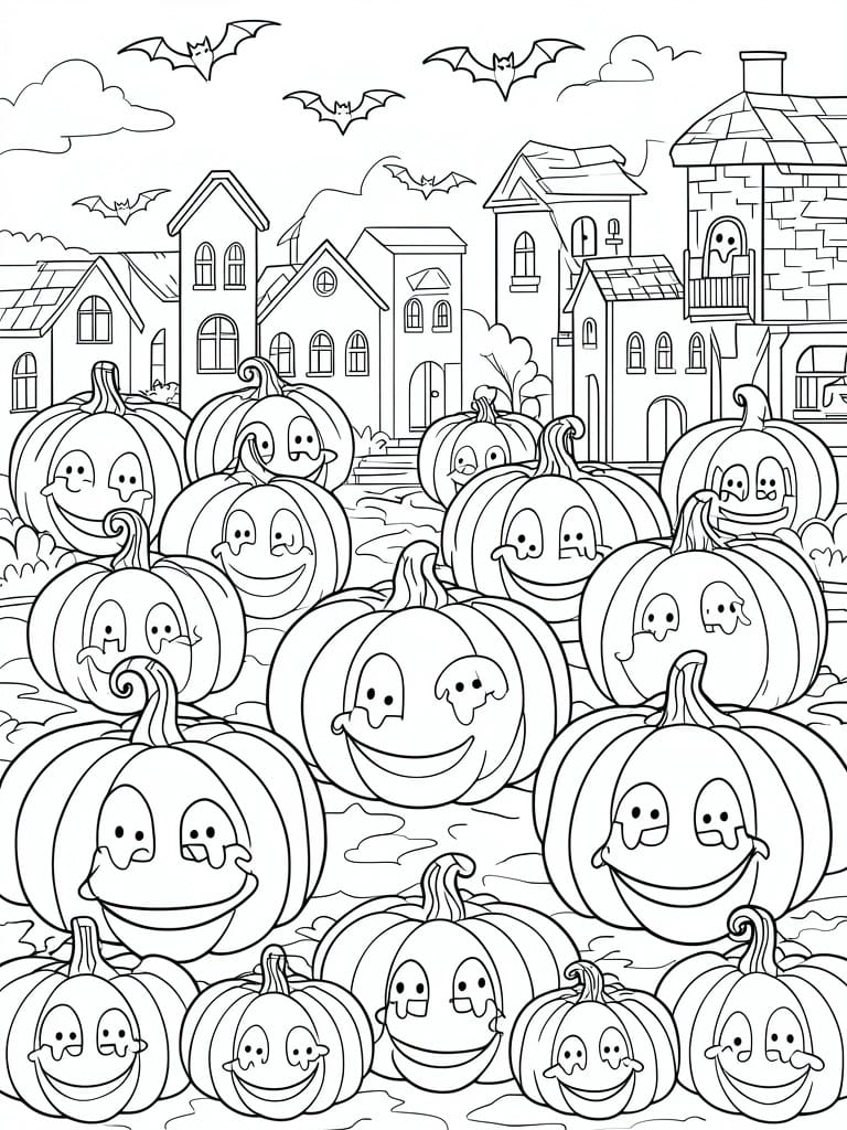 Coloring page of cheerful jack-o'-lanterns, bats, and haunted houses