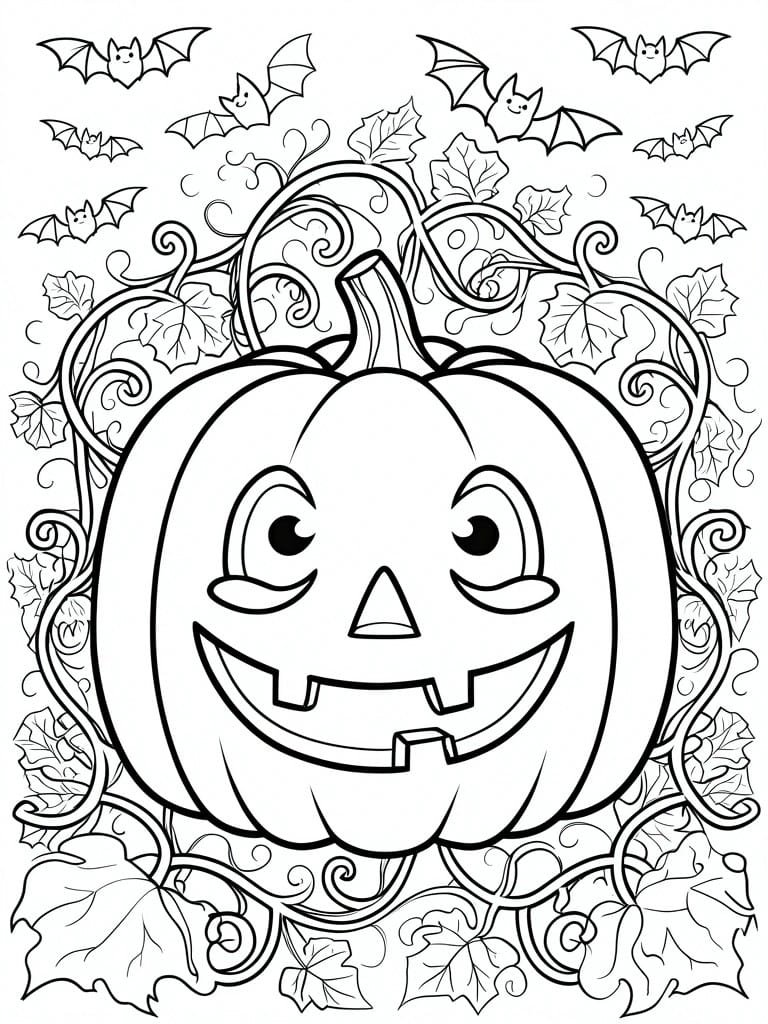 A black and white coloring page featuring a smiling jack-o-lantern pumpkin surrounded by flying bats and leafy vines.