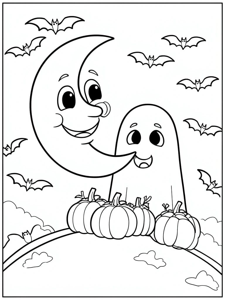 Cartoon crescent moon and ghost with bats and pumpkins in night sky