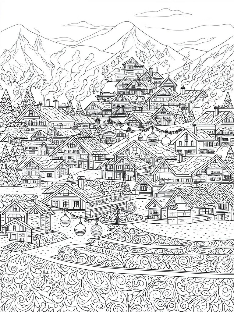 Detailed black-and-white line art of festive snowy mountain village with Christmas ornaments