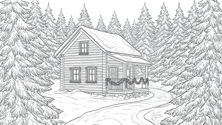 17 Cozy Winter Coloring Pages for Adults Inspired by Snowy Holiday Landscapes Black and white line drawing of a log cabin with snow on the roof and holiday garlands, set in a forest of tall pine trees with a winding path in front.
