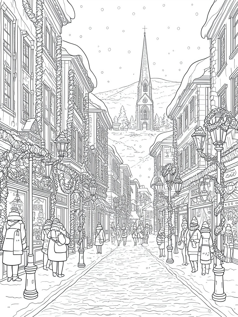 Black and white line drawing of a snowy holiday street lined with shops, garlands, people in winter coats, and a church steeple on a hill in the distance.