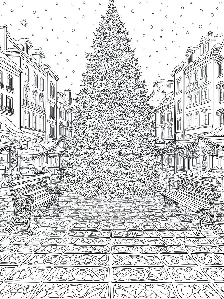 A black and white line drawing of a large Christmas tree in a town square with benches, buildings, and falling snow.