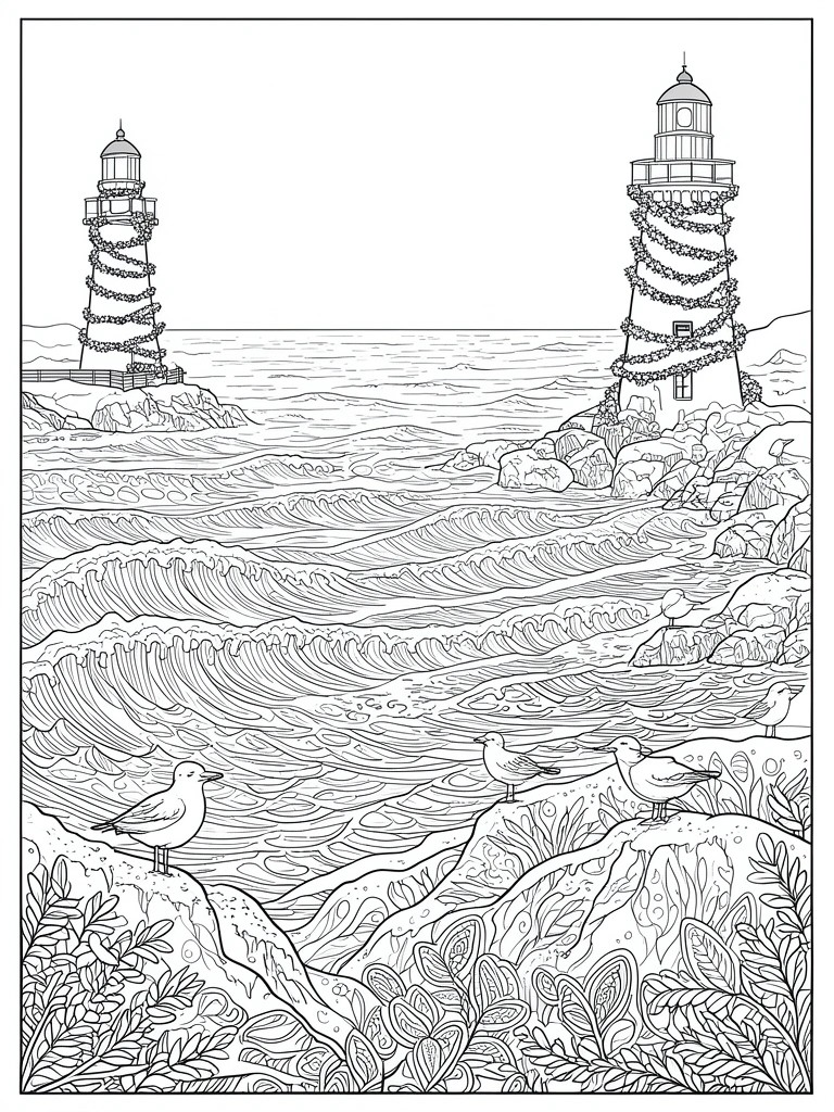 Coloring page of two garland-wrapped lighthouses, ocean waves, and seagulls on rocks.