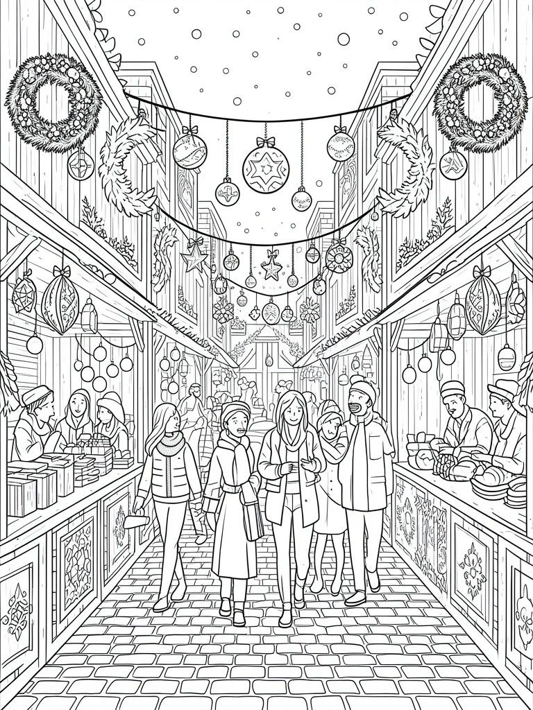 A black and white line drawing of a festive indoor Christmas market with shoppers, market stalls, hanging wreaths, and ornaments.