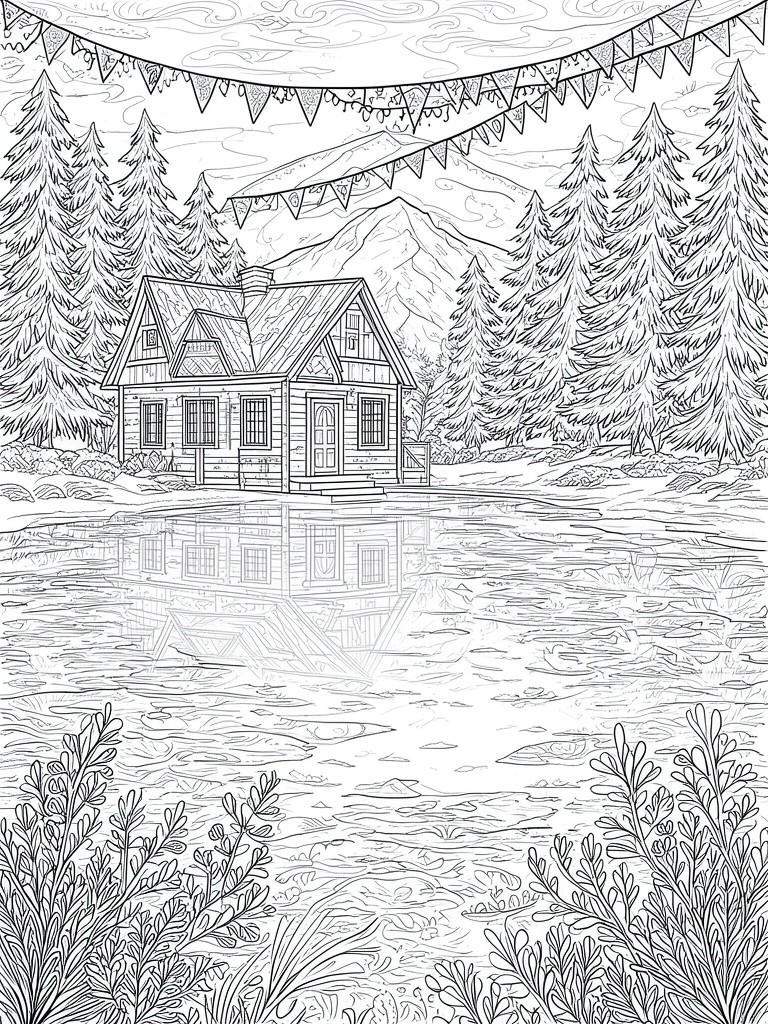 Line drawing of lakeside cabin with reflection, pine trees, mountains, and bunting flags.
