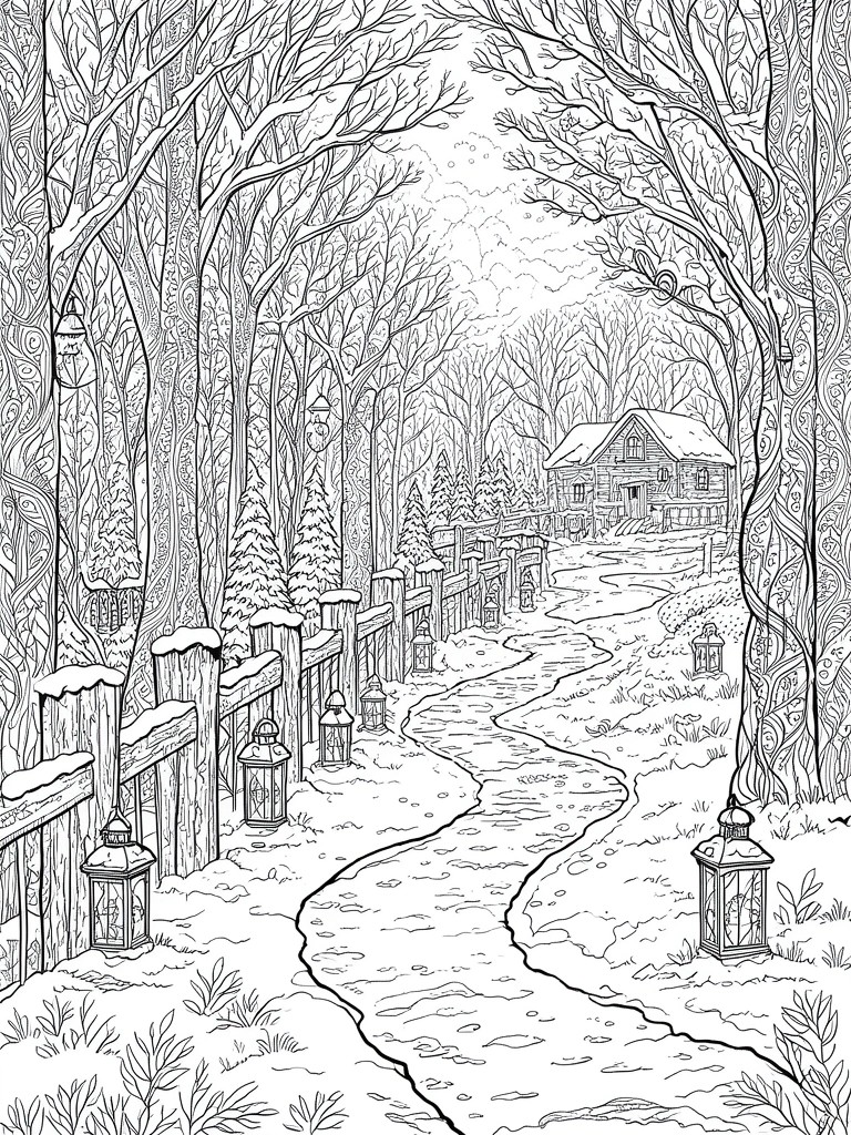 A black and white line drawing of a snowy forest path with lanterns fences and a cabin visible in the background.