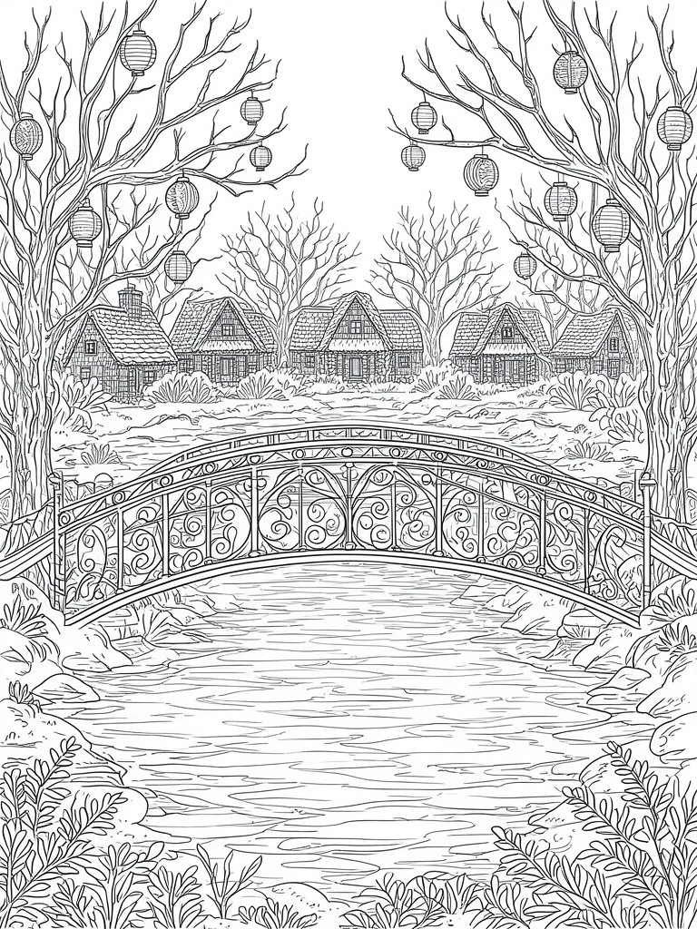Ornate arched bridge over river with lantern-hung trees and village houses in black-and-white line art.