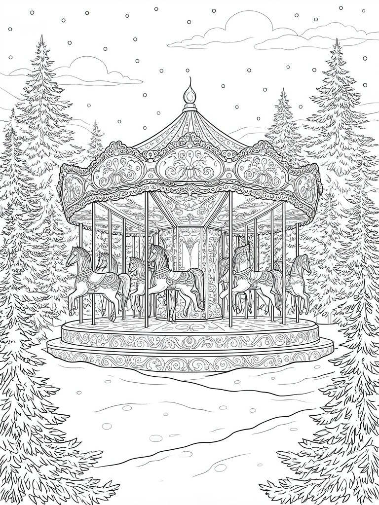 A black and white line drawing of a decorated carousel with horses, surrounded by pine trees and snow under a starry sky.