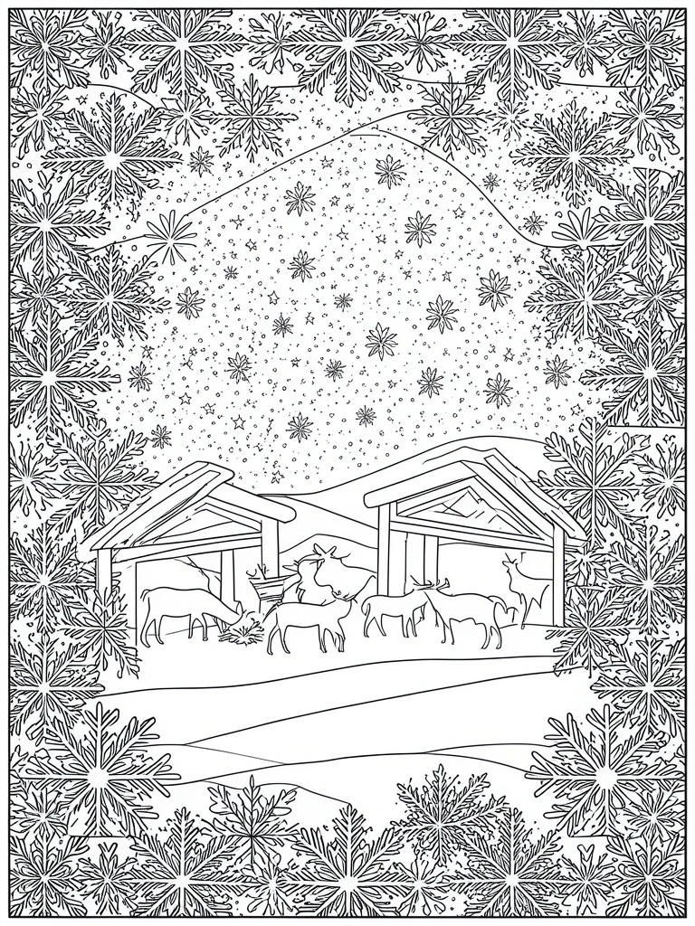 Black-and-white line art of reindeer in stables under starry sky with snowflakes